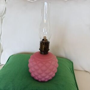 Antique Pink Diamond Miniature Kerosene Oil Lamp Clear Shade Brass Pat 1877 9.5"